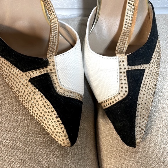 Flawed size 8 mini rhinestone studded T strap high heels gold black white point - Picture 2 of 12